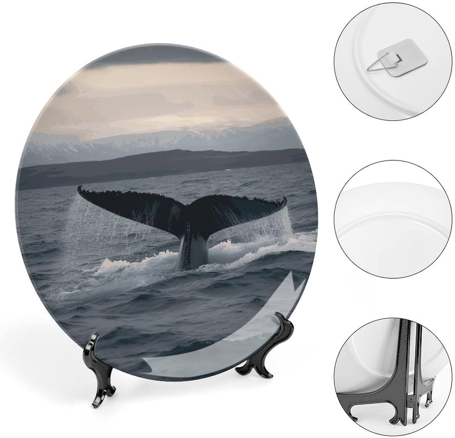 Humpback Whale Tail Ocean Decorative Plates for Display Round Porcelain Plate Living Room Table Ceramic Hanging Decorative Plate Art Decor for Living Room Table with 1 Display Stand 10inch