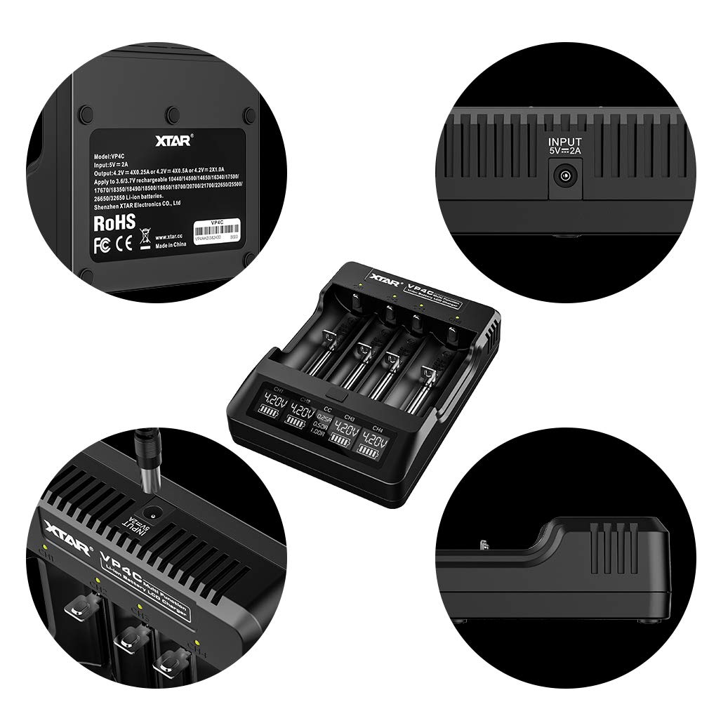 XTAR VP4C 18650 Caricabatteria universale con display LCD a 4 baie per 10440 18700 20700 21700 22650 25500 26650 32650 batterie Mostra tensione della batteria corrente capacità