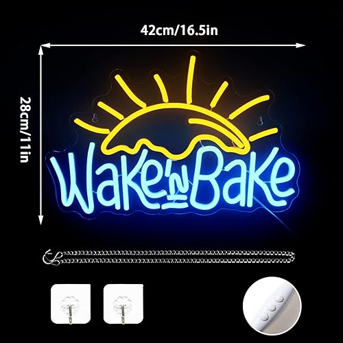 Miniatura 4 de Letrero de neón de Wake in Bake, letreros de neón de café para decoración de pared, letrero de luces de neón amarillo y azul, letreros LED