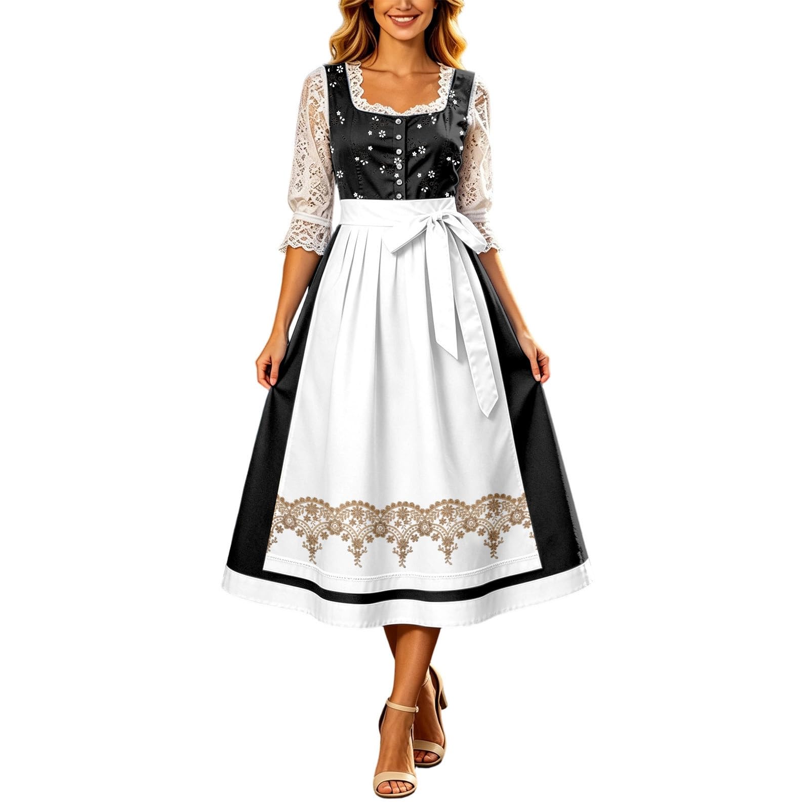 Dirndl Damen Midi Lang Dirndl Trachtenkleid Trachtenrock Oktoberfest Biergartenkleid langes Korsett mit Blumenmuster Wickeloberteil Schleife an der Spitze Midi Dirndlkleid Kleid