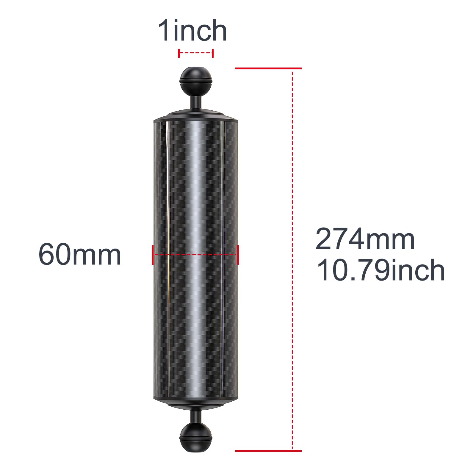 Carbon Fiber Underwater Float Arm with Dual Ball Mounts for Photography and Video, Compatible with Diving Trays, Video Lights, Strobes (Black, 60mm10')