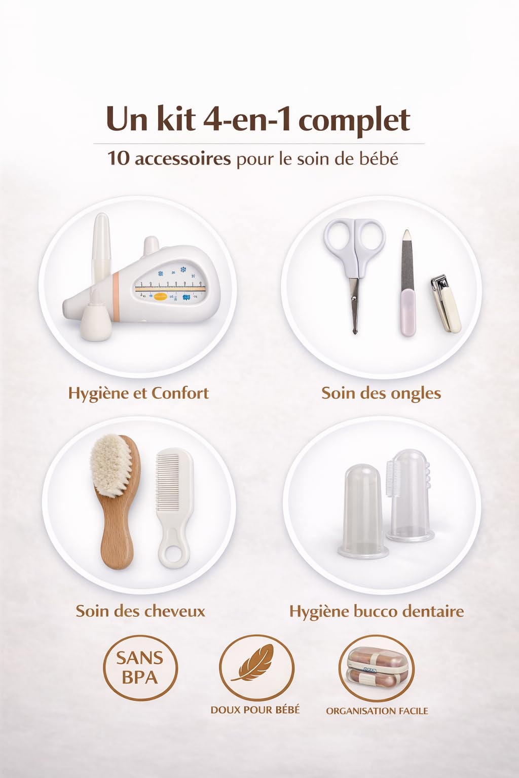 Trousse de Soin Bébé - Kit Complet 10 Accessoires Sans BPA - Brosse en Bois Douce, Coupe-Ongles, Ciseaux - Cadeau de Naissance Pratique et Indispensable