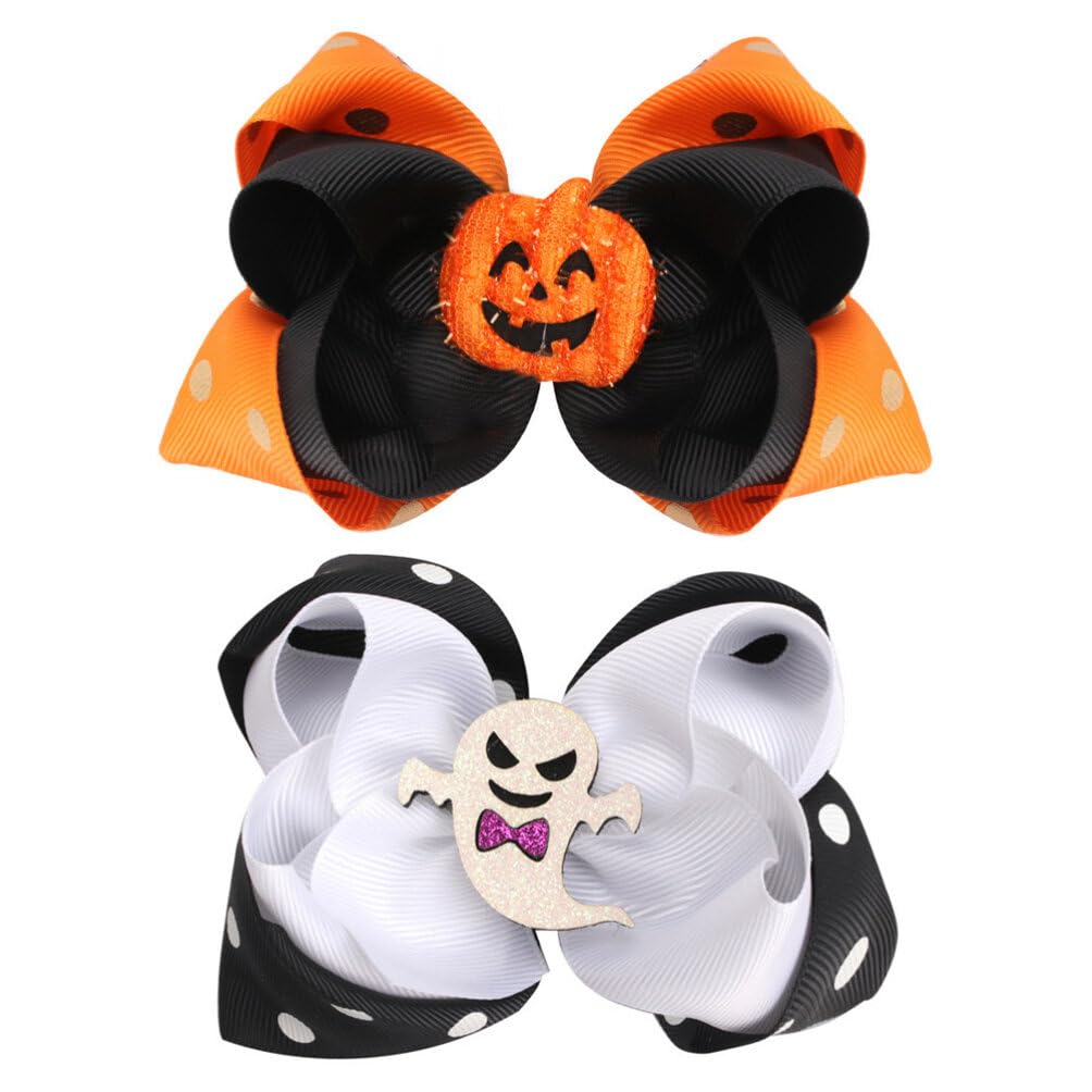 minkissy Bow Clips 2Pcs Halloween Hair Ghost Hair Clips Pumpkin Hair Bow Barrettes Halloween Costume Props for Girls Bows for Girls (Orange + White)