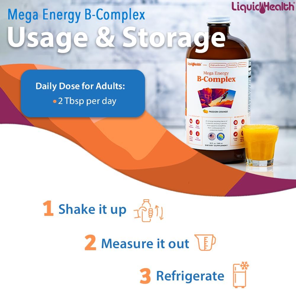 LIQUIDHEALTH Mega Energy Methylated B-Complex, Adult Liquid Vitamin Supplement - Increase Energy, Relieve Stress & Fatigue, Immune Support, Heart & Gut Health - Made in USA, Vegan, Sugar-Free (3 Pack)