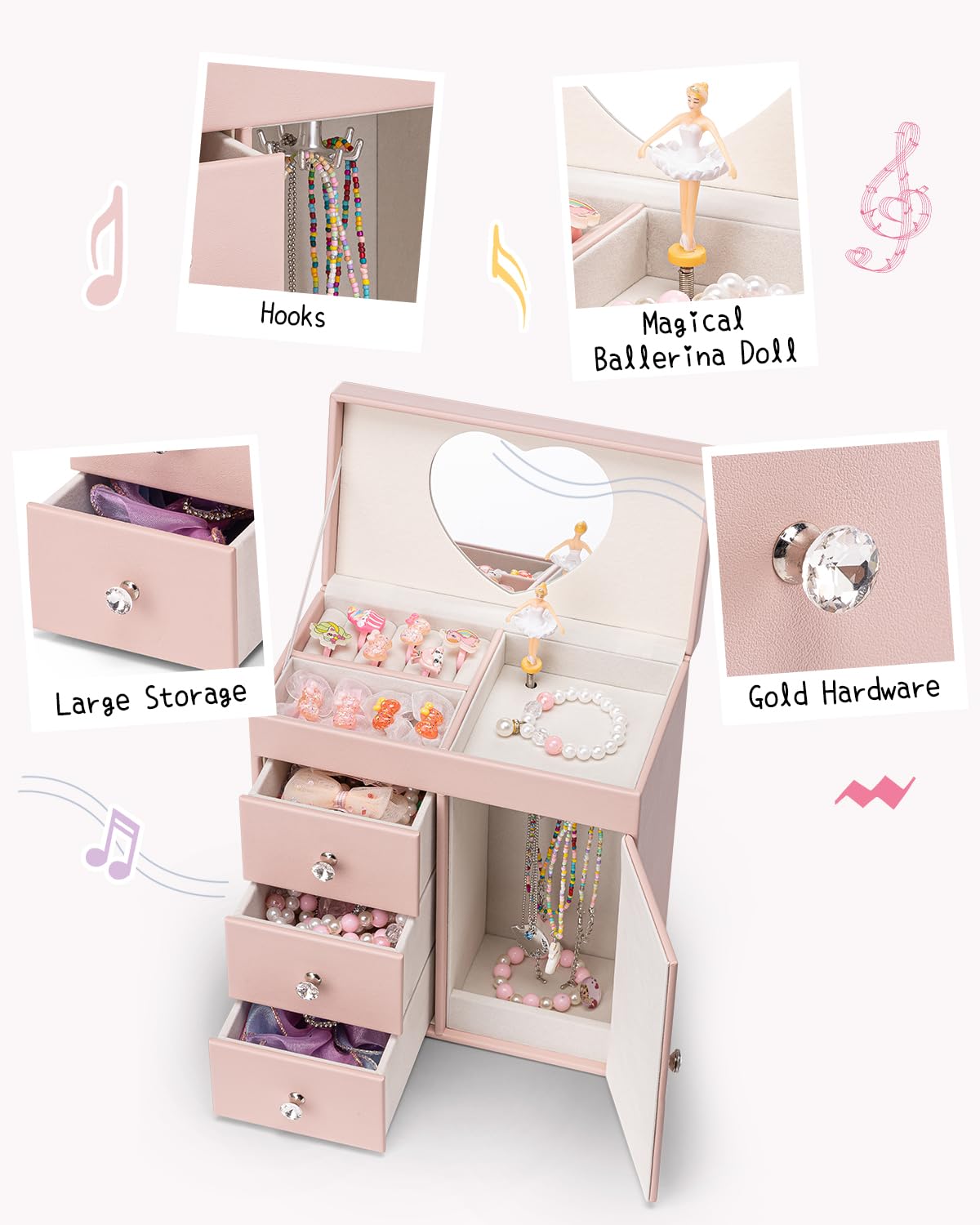 VLANDO Musical Schmuckkästchen Mädchen, großes Kind Musik-Box mit Ballerina für Geburtstag Schlafzimmer Dekoration, 4 Schicht Mädchen Schmuck Geschenke für Kinder