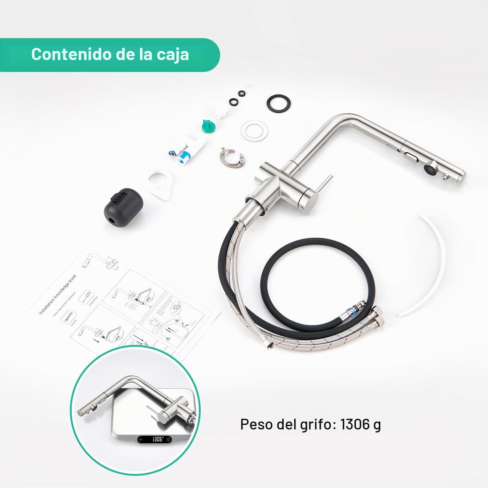 Faustina Grifo de cocina de 3 vías con ducha extraíble, grifo monomando, grifo de fregadero, grifo de agua potable para cocina para ósmosis inversa y filtro de agua de acero inoxidable cepillado