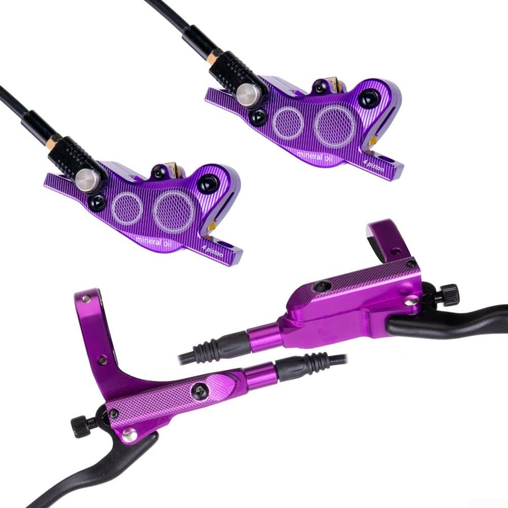 Zoegneer Kit freno idraulico a 4 pistoni, freno a disco olio a quattro pistoncini, freno a disco idraulico per mountain bike, freni a disco bifacciali, set freni idraulici MTB (viola)