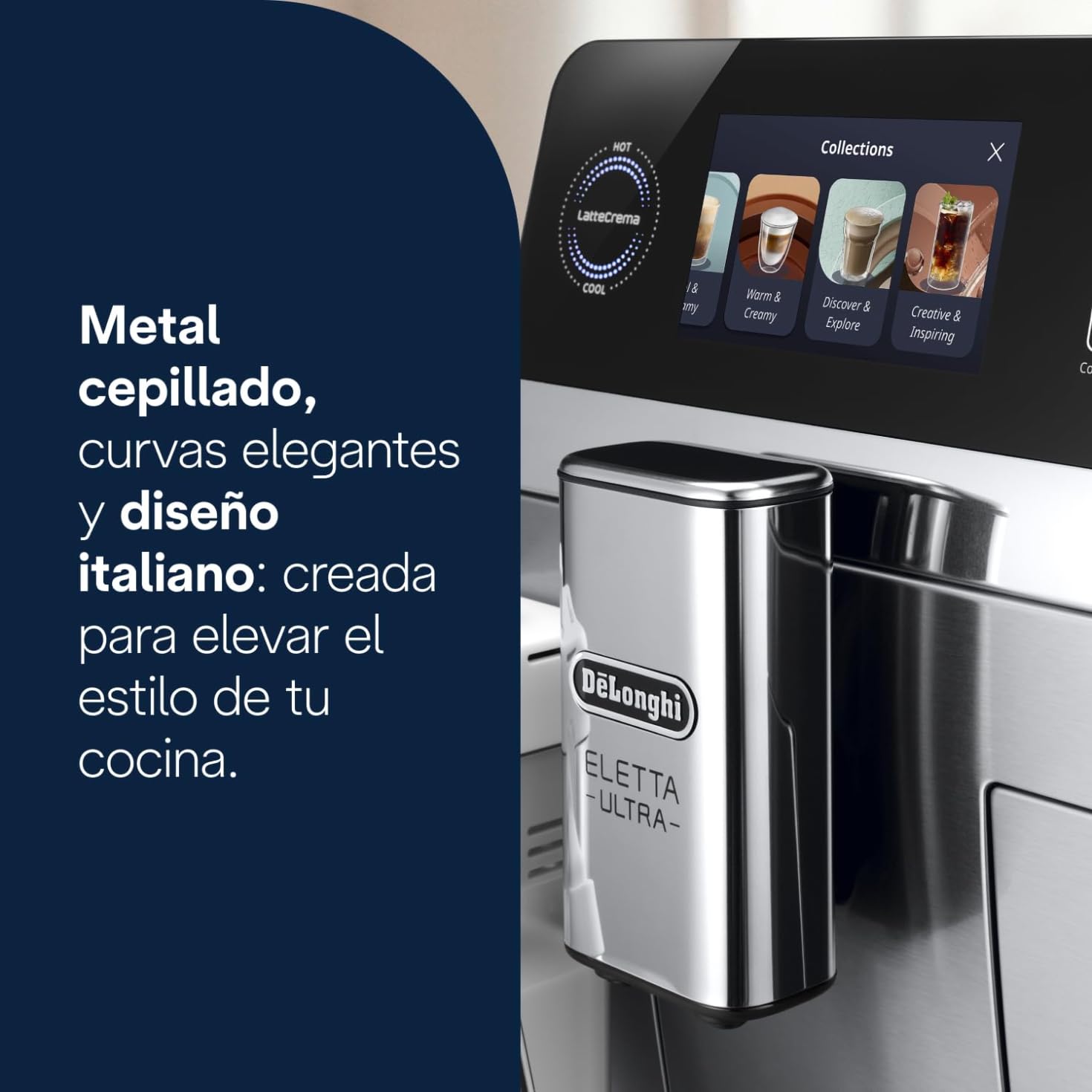 De’Longhi Eletta Ultra – Cafetera Superautomática con Jarra de leche automática, 50+ Bebidas Calientes y Frías, Silent Technology, Pantalla Táctil a Color, Color Metal (ECAM472.85.MB)