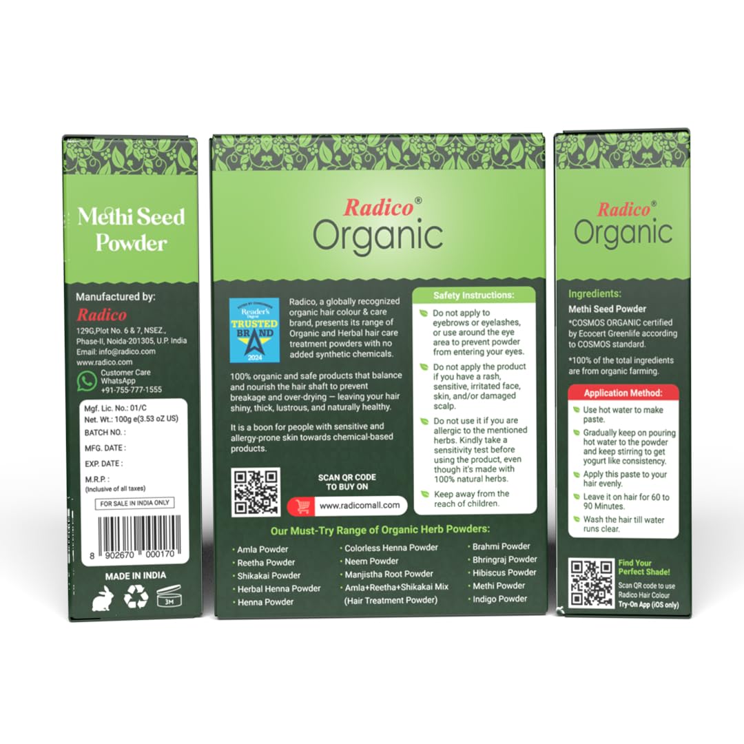 Radico ORGANIC METHI 100% naturalny BIO Organic wegański wzrost włosów, przeciw wypadaniu włosów, przeciw starzeniu, pielęgnacja, objętość, odżywcza maska do włosów i szampon 2 w 1 z ECOCERT, HAL