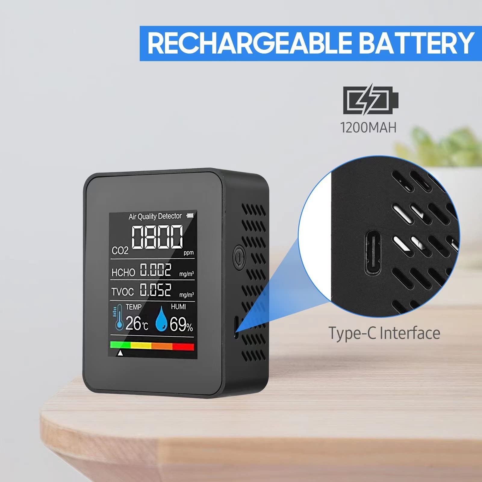 Black Co2 Carbon, Detector Co2 Humidity Air Quality Monitor Meter Carbon Dioxide Airflow & Dioxide Detector LCD TVOC HCHO Temperature