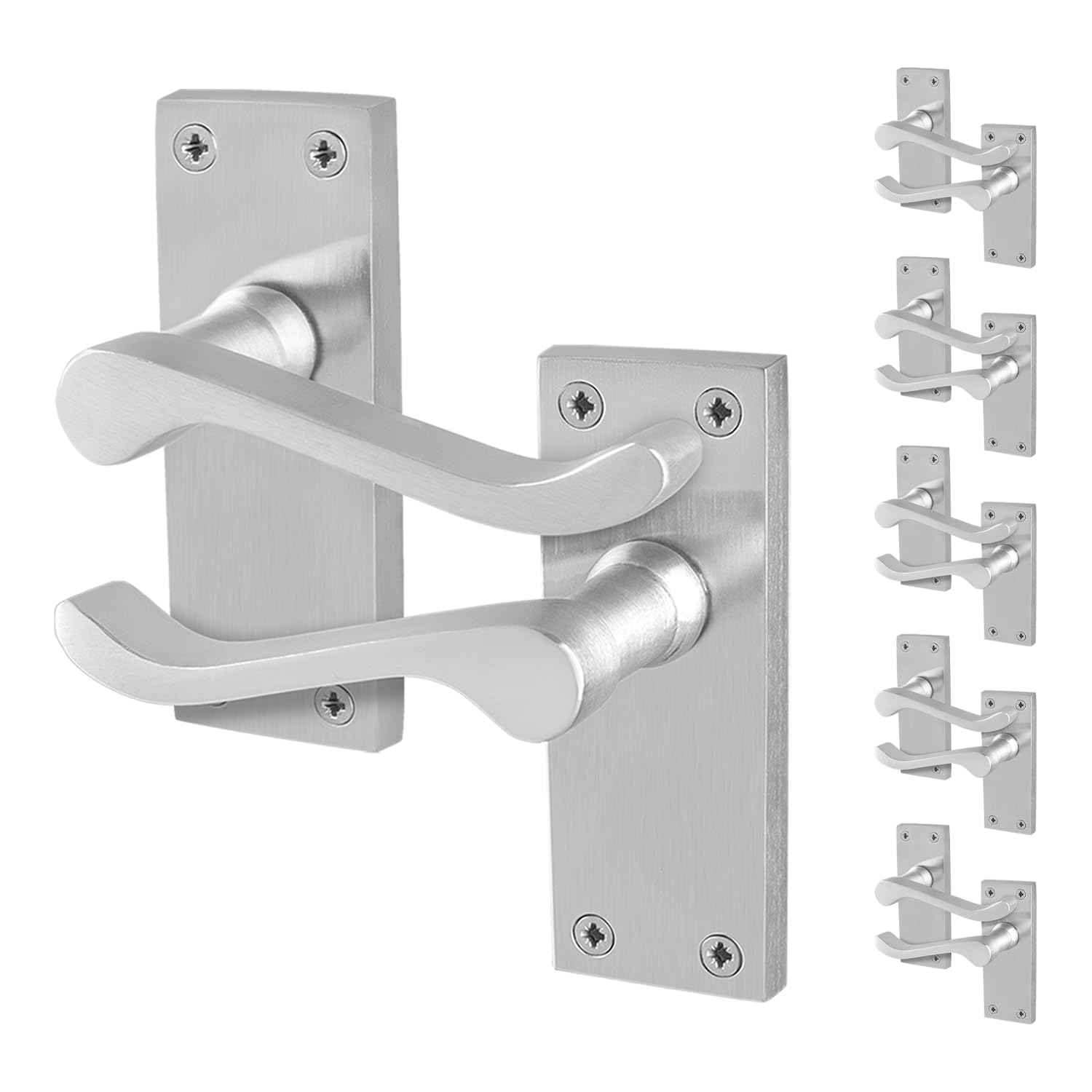 EAI Satin Victorian Scroll Latch Handles, 6 Pairs of Satin Chrome Internal Lever Door Handles on Backplate