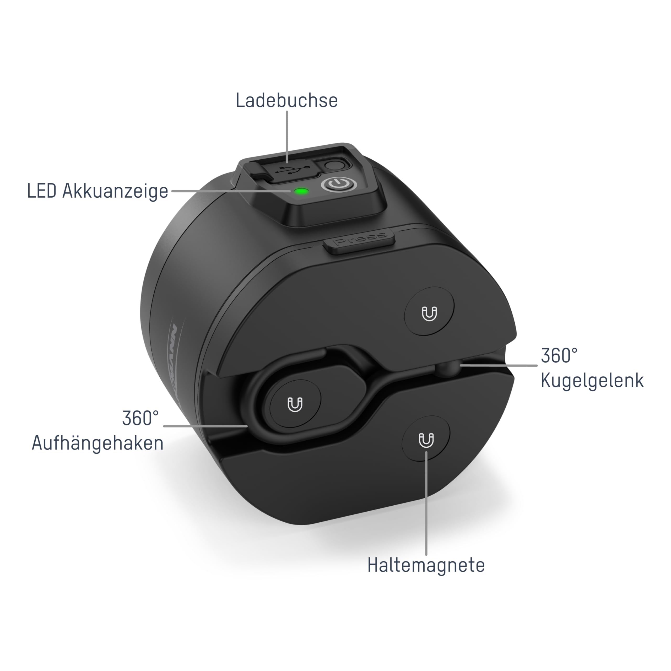 ANSMANN Faretto da lavoro professionale FL1100R con LED COB da 10 W, ricaricabile, giunto sferico girevole a 360°, lampada da lavoro con magneti e ganci per appendere, per artigianato, cantieri,