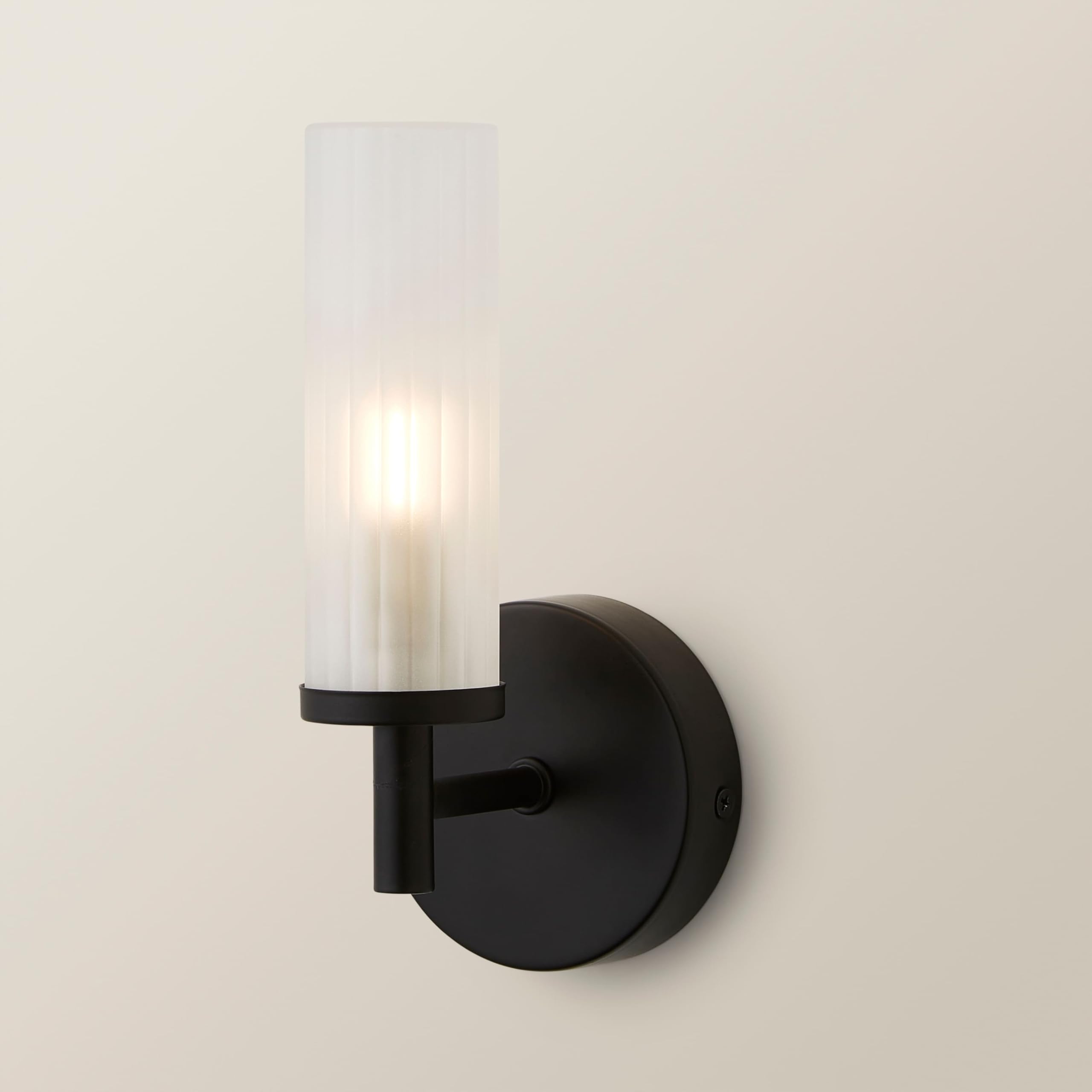 Valuelights Unisex Black Canya Single Ip44 Rated Bathroom Frosted Reeded Glass Wall Light In