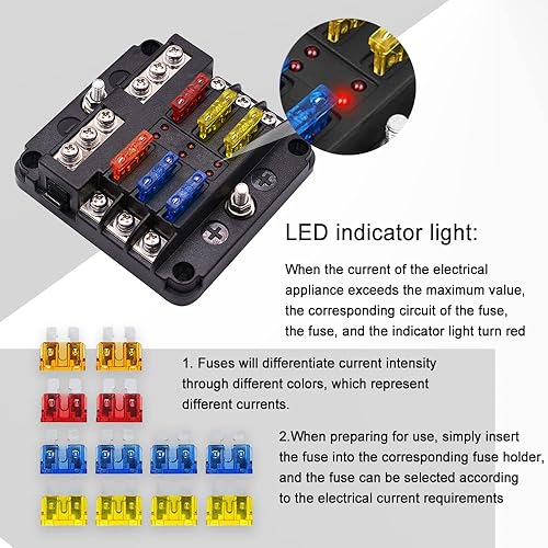 Miniatura 5 de ASUBHA Bloque de fusibles marinos de 6 vías, bloque de fusibles impermeable de 12 V con indicador LED, soporte de caja de fusibles automotriz de 12