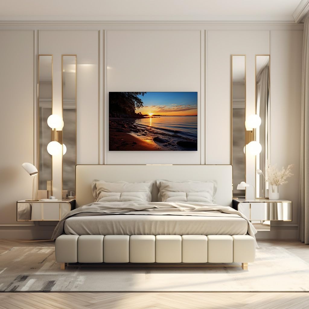 Canvas for Living room. Serene Sunset Splendor: A Lakeside Haven Bathed in Golden Hues, 27 x 18 inch Canvas Wall Art - Contemporary Masterpieces - Modern Home Decor