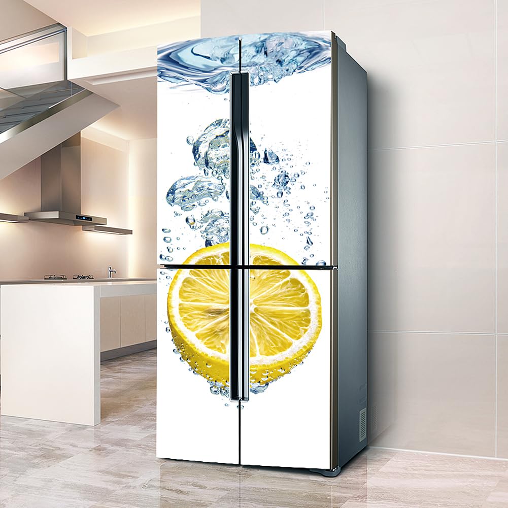 VHcgCGJ Fridge magnet, Full Covering Door Fridge Covers Skins Wall Stickers for Kitchen Decal, Summer Lemon in Water White(L: 100x180 cm)