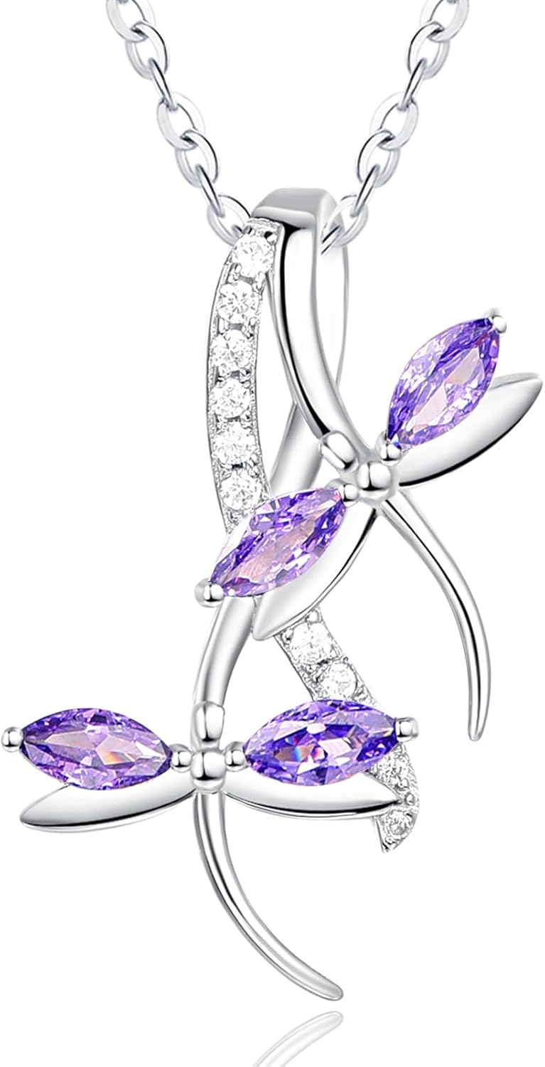 Colorful Necklace for Women White Gold Butterfly/Dragonfly Animal Pendant Necklaces With 12 Months Birthstone Anniversary Christmas Birthday Gifts for Grandkids Her Wife