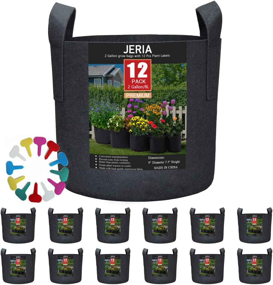 JERIA 12-Pack 2 Gallon Grow Bags, 300G Thickened Nonwoven Garden Pots,Heavy Duty Fabric Pots with Reinforced Handles