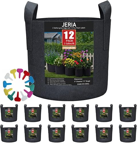 JERIA - Paquete de 12 bolsas de 2 galones para cultivar vegetales, floresplantas, macetas de tela con aireación y asas (negras), con 12 etiquetas
