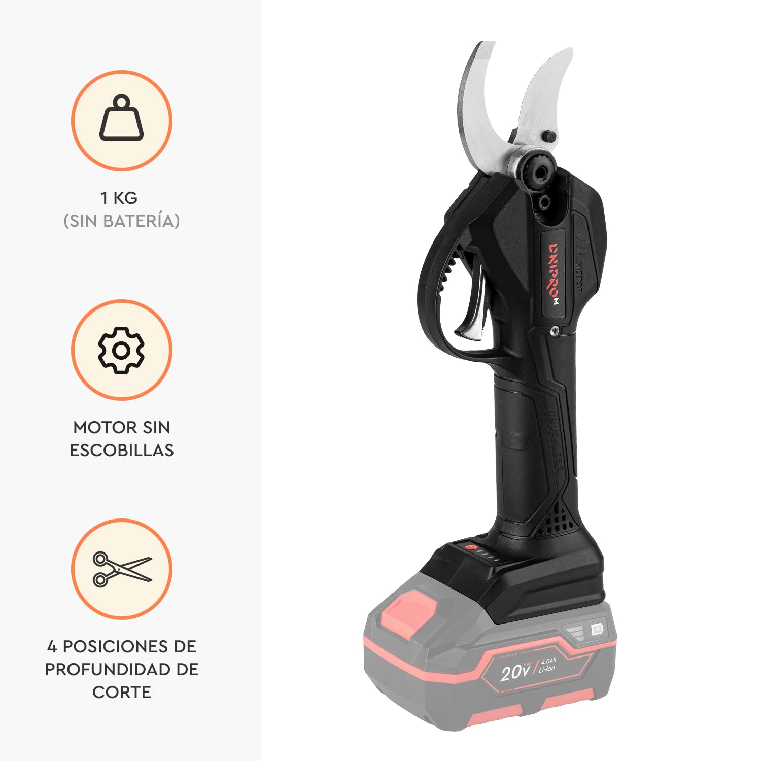 Tijeras de Podar a Batería 20V Sin Escobillas, Corte 45mm, Acero SK5, 2000 Cortes/Carga - DPS-200BC ULTRA + Batería 4.0Ah + Cargador