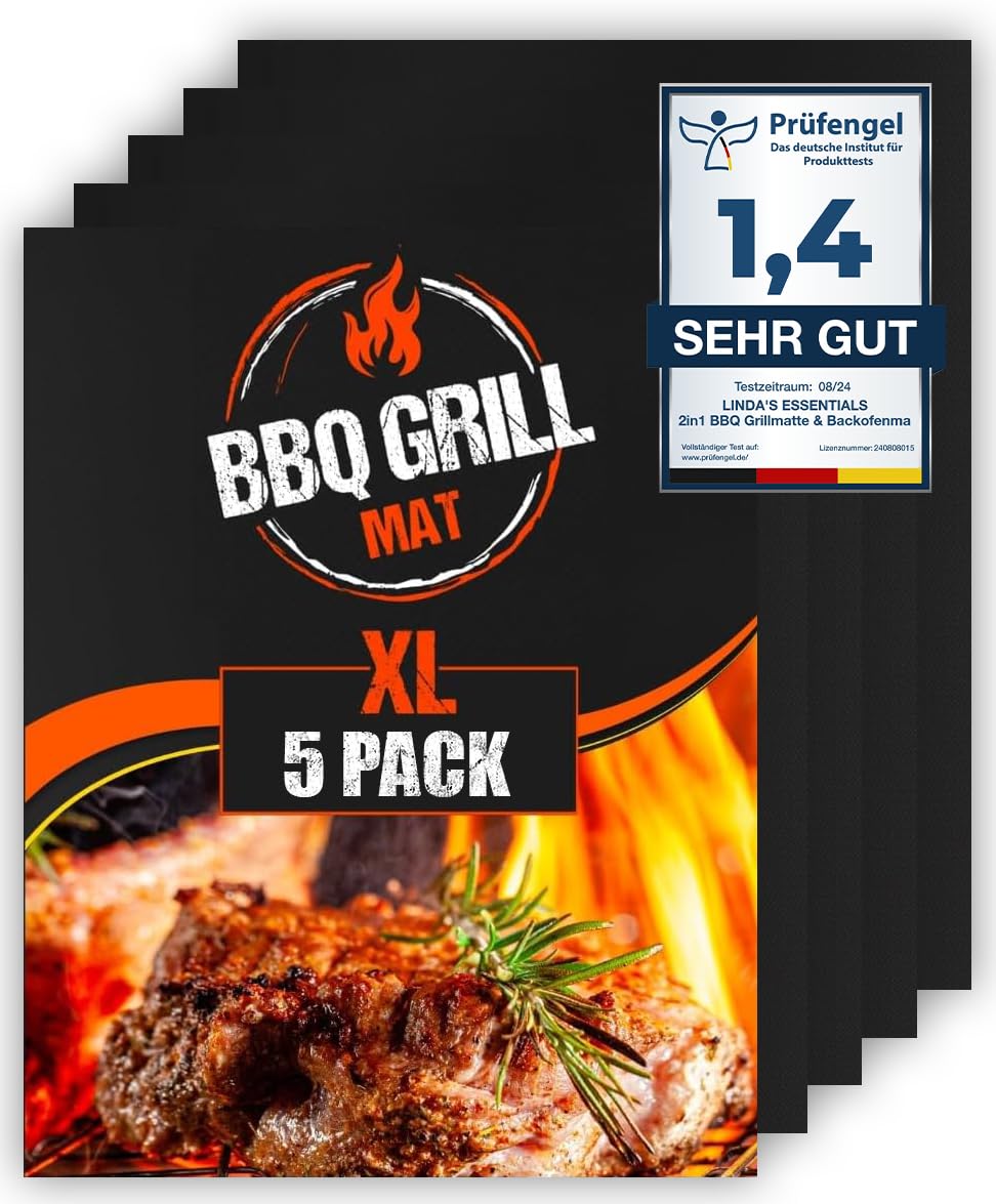 Extra große BBQ Grillmatte für Gasgrill, Elektro und Holzkohle (5er Pack) 50 x 40cm - Wiederverwendbare, hitzebeständige Grillmatten für Holzkohle, Teflon Grillmatte, Grillfolie, Grill Zubehör