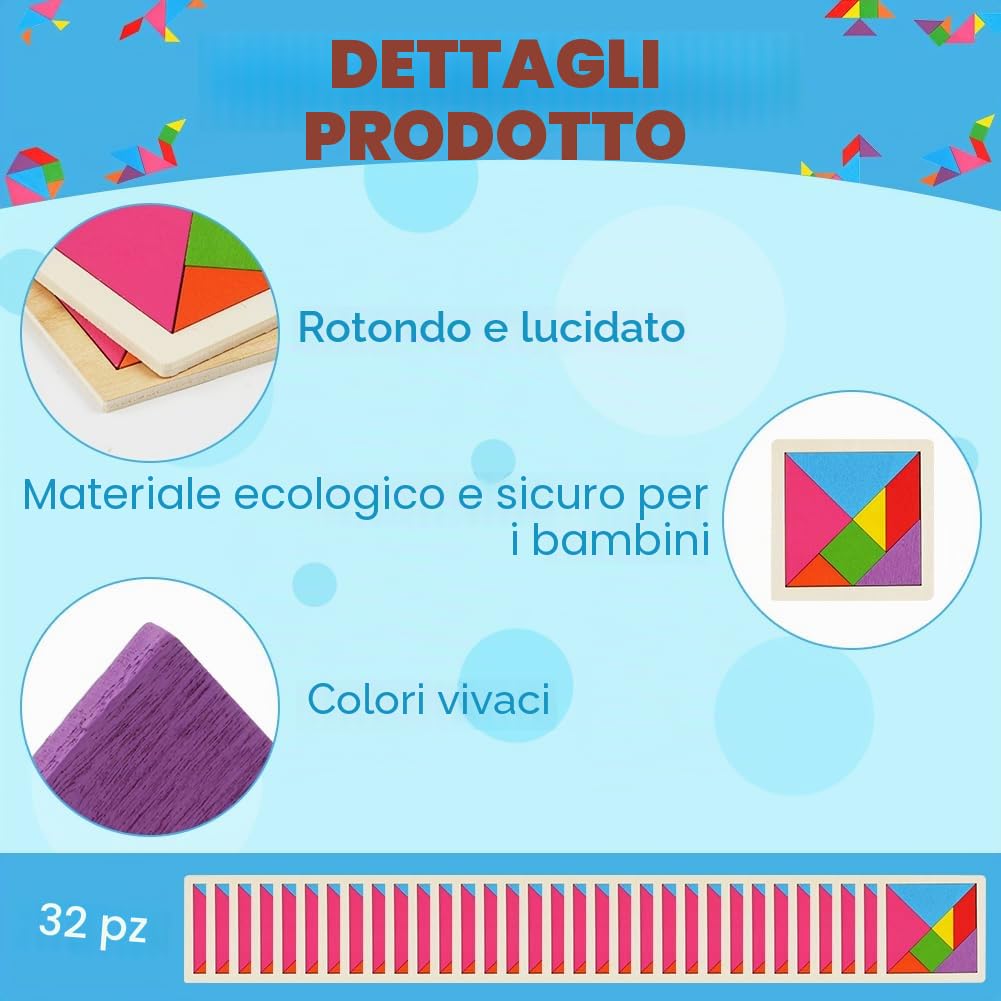 Ainiv Set di 32 Gioco Tangram in Legno, Tangram Gadget, Compleanno Regalini, Giocattoli Educativi Tipo Montessori Compleanno Puzzle, Bomboniere Natalizie per Bambini e Bambine