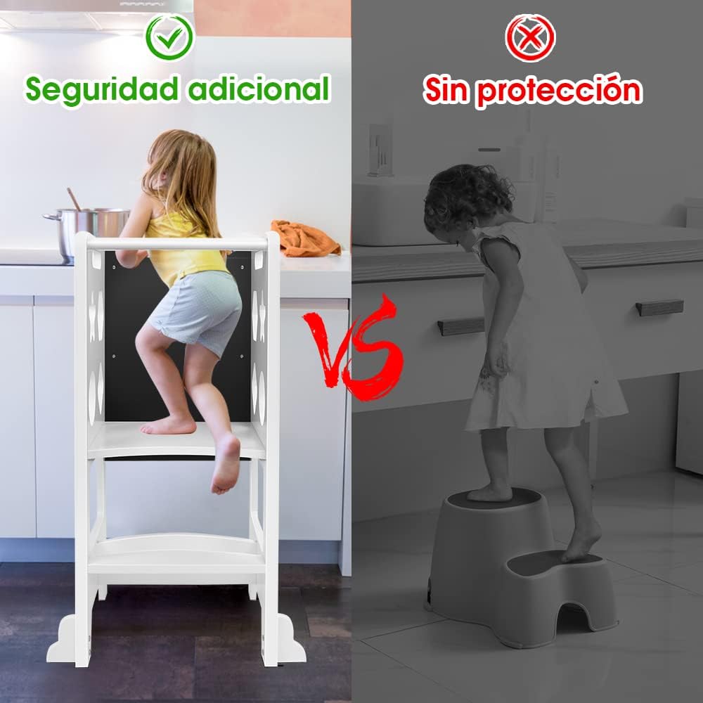 Dripex Torre de Aprendizaje de Madera, Taburete de Cocina para Niños, Torre Montessori bebés, Learning Tower con Pizarra Negra,Taburetes para bebé (Blanco - Estrella)