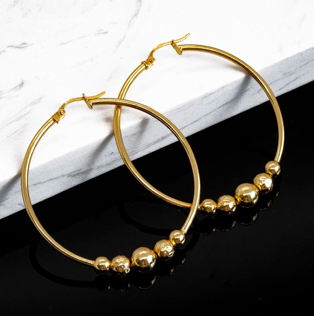 Hoops & Loops 925 Sterling Silver 44mm (1 3/4 inch) Round Click-Top High Polished Hammered Beads Hoop Earrings for Women, Silver,Yellow, Rose Gold