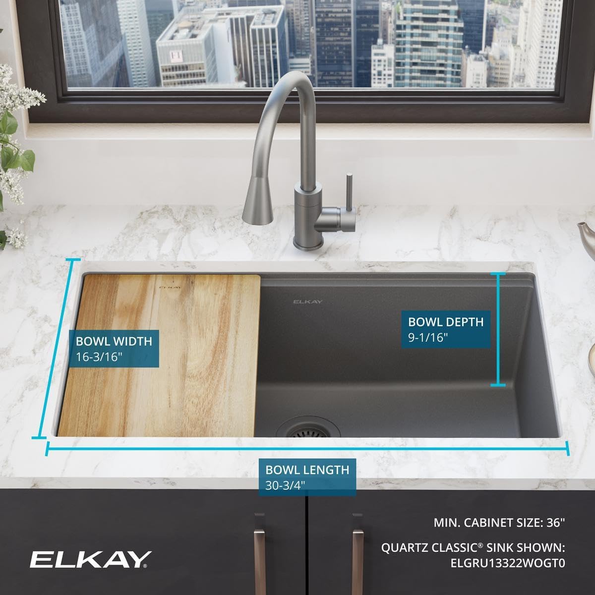 Elkay Quartz Classic 33" x 22" x 9-1/2" Single Bowl Undermount Workstation Sink 4pc Kit Graphite