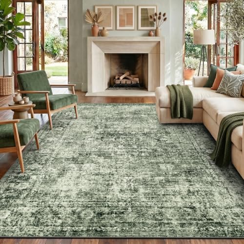 Homemate Washable Rug 8x10 Area Rugs - Vintage Rugs for Living Room | Faux Wool Low Pile Rugs for Bedroom Dining Room, Non Slip Foldable Carpet Indoor Area Rug for Home Decor, 8'x10' Oliver Green
