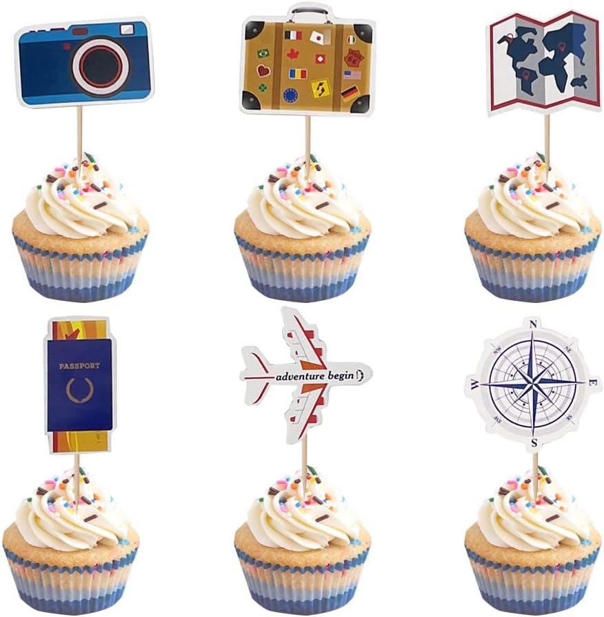 24 PCS Travel Themed Cupcake Toppers Set - Airplane Cupcake Toppers Map Camera Cake Topper for Adventure Awaits Travel Themed Graduation Baby Shower Retirement Party Decorations