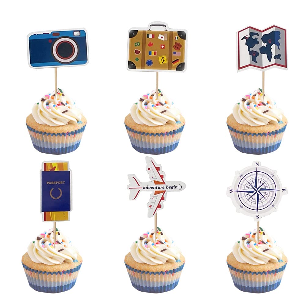 Kreatwow 24 Topper Per Cupcake Tema Viaggio Rosa - Scritta 'Let The Adventure Begin' Con Aerei, Mappe, Passaporti - Decorazioni Per Feste Di Compleanno, Addii Al Nubilato, Baby Shower