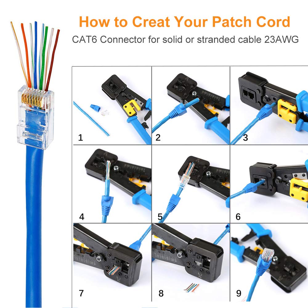 YIOVVOM 50 Connettori RJ45 Cat6 Passanti Placcati Oro – Per Cavo Solido O Intrecciato 24 AWG, Schermato