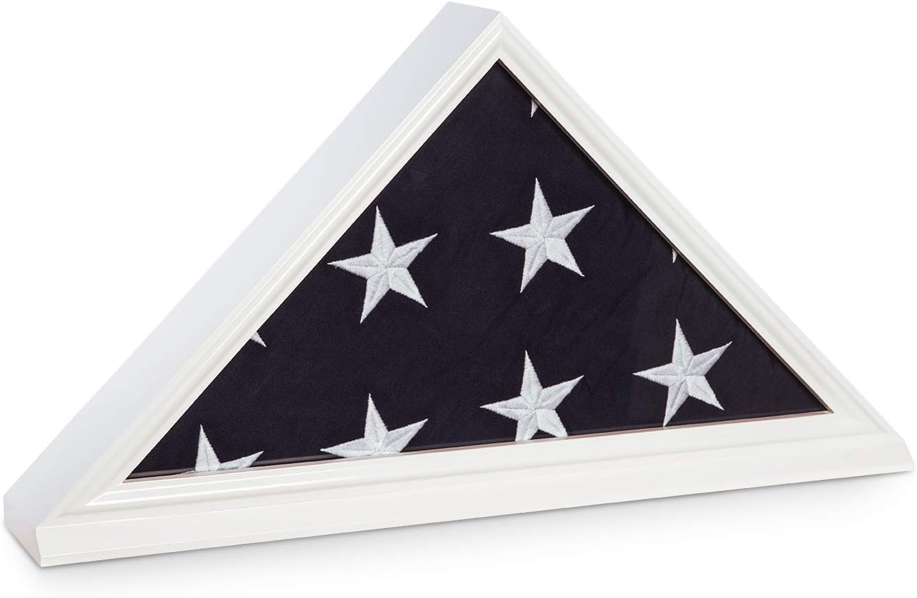 Custom Personalized Solid Wood Triangle Glass Front Flag Display Case (White) -