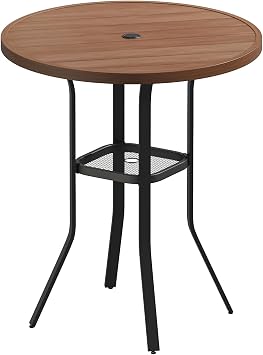 VICLLAX 35.5" Round Outdoor Bar Table, Bar Height Patio Table with Adjustable Umbrella Hole for Balcony, Walnut Wood-Like