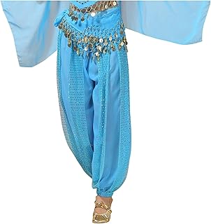 Pantalones calefactables para mujer, pantalones de lentejuelas, danza del vientre, pantalones de danza de danza con cadena en la cintura, pantalones de gasa para mujer, pijama de manga corta