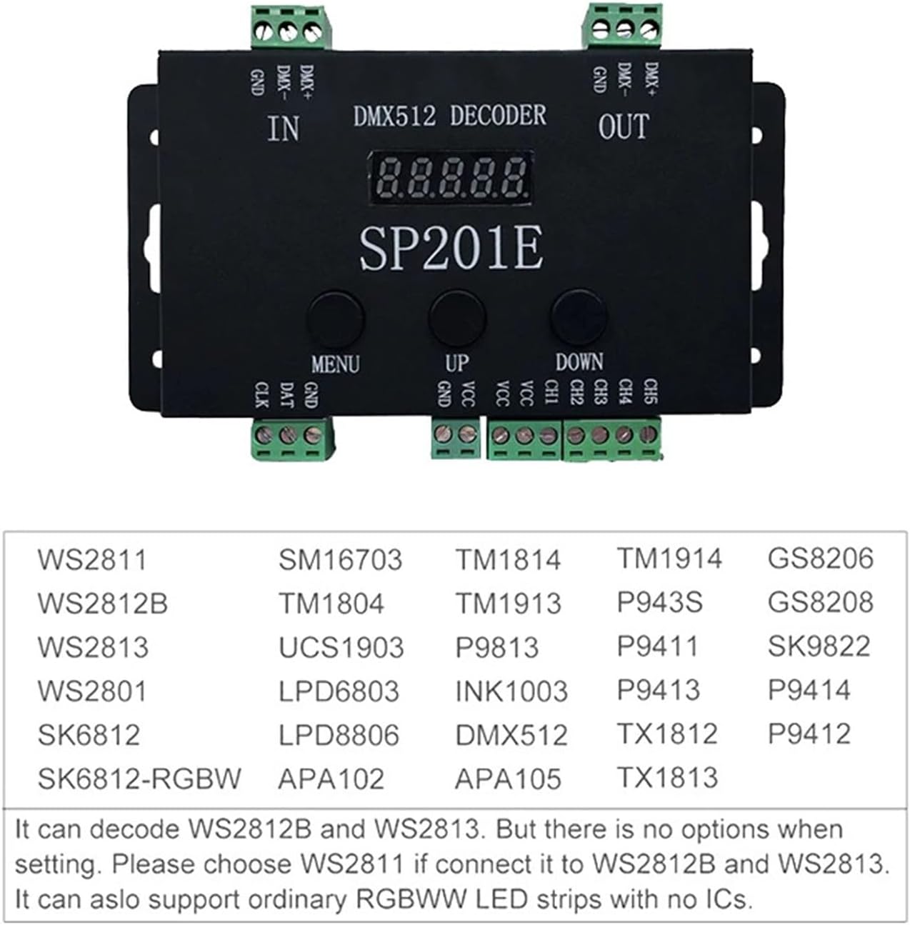 SP201E DMX512デコーダーLED SPIコントローラー調光器1024ピクセル5-24V WS2812B RGBファンタジー