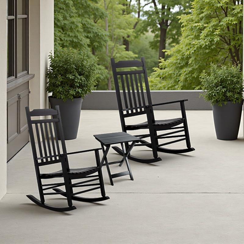 Miniatura 2 de Juego de muebles de madera para adultos de 3 piezas, color negro, con 2 mecedoras y 1 mesa auxiliar al aire libre para patio, salón, balcón