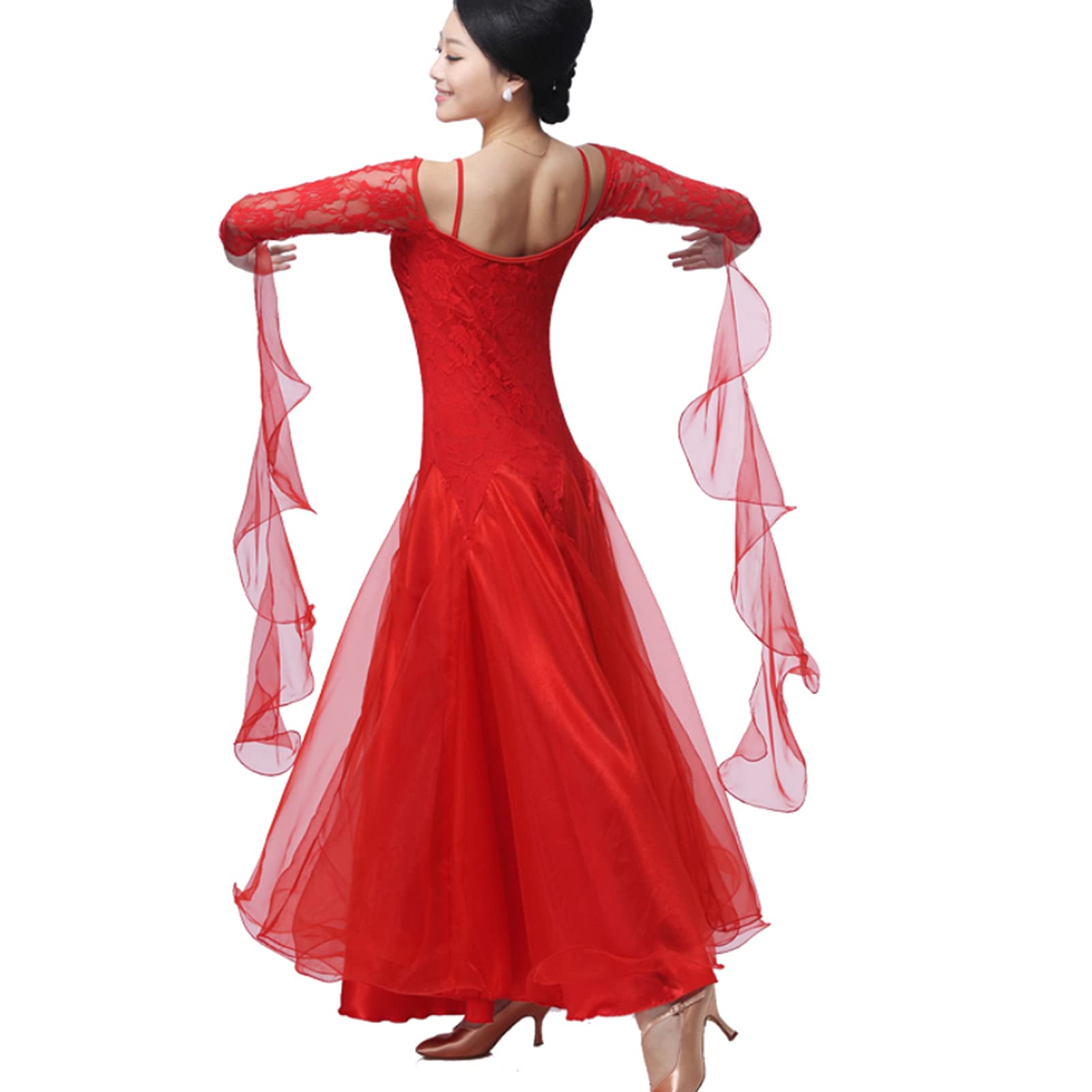 Ballsaal-Tanzkleider für Damen – Flamenco-Rock, Tanzen, modern, glatt, Walzer, Tango, Party, Ballsaal, Übungskleid, Standard-Spitze, langärmelig für Damen