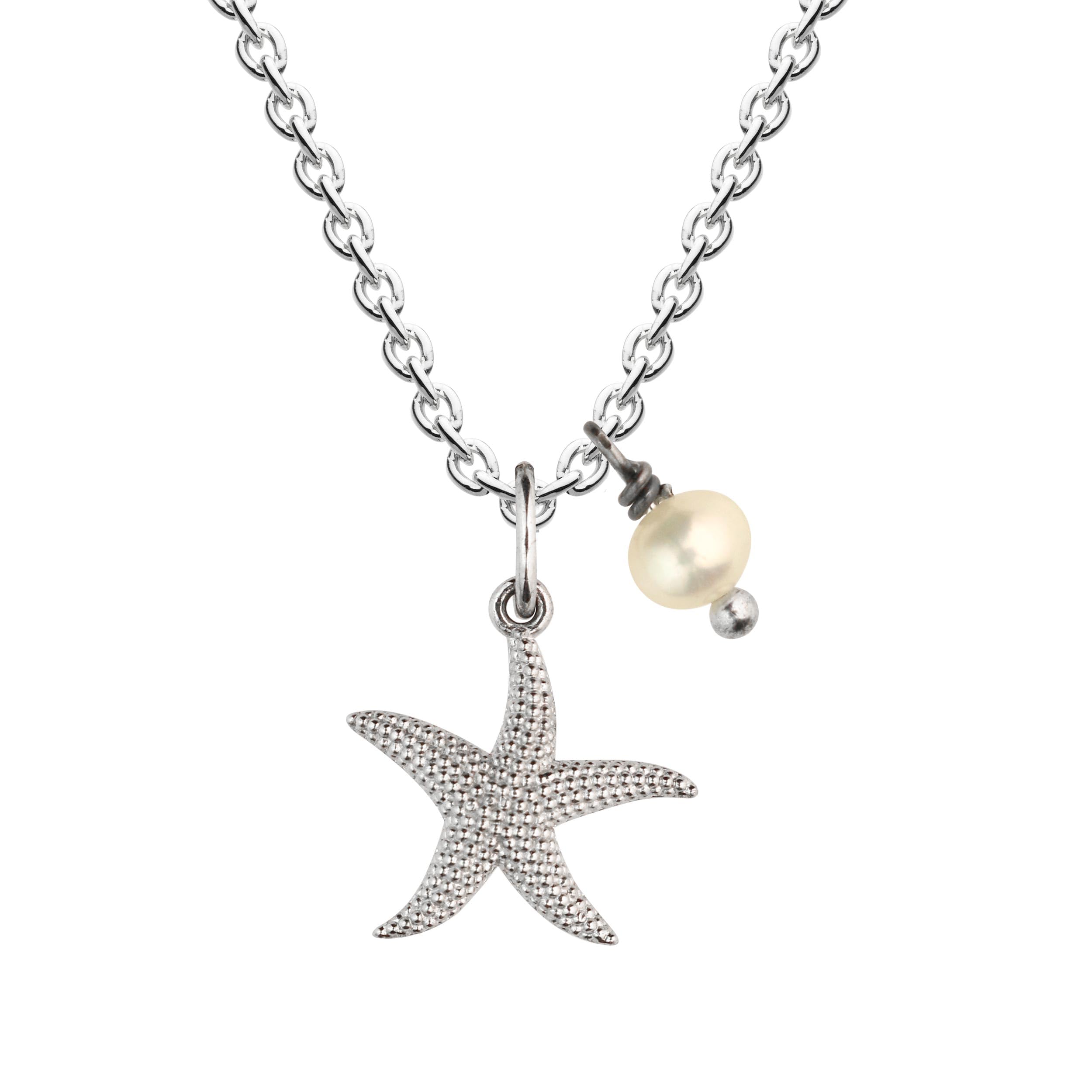 DewStarfish & Freshwater Pearl Charm 18" Necklace – Sterling Silver, 3D Texture and Detail, Cute and Fun Ocean Inspired Design