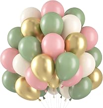 Balloons Pink Green, Pack of 60 Balloons Sage Green Pink Pastel Balloons Green Gold Pink Set Sage Green Pink White Metallic Gold Balloons for Jungle Safari Birthday Baby Shower Wedding Decoration