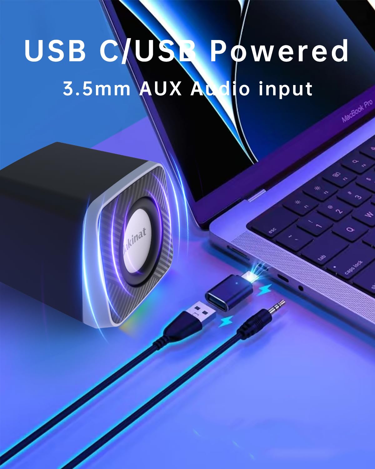Uakinat Altoparlanti per computer da 5,1 cm a 3 W, in fibra di carbonio, per PC desktop o laptop, alimentazione USB C/USB, suono cristallino, bassi ricchi, volume forte, controllo diretto,