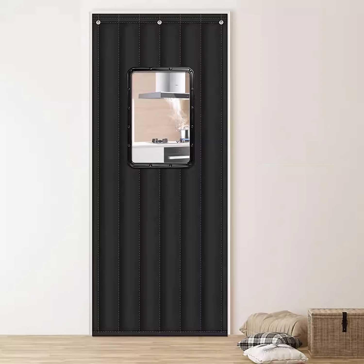 Blickdicht Verdunklungsvorhänge Mit transparentem Fenster Thermo Türvorhang Vorhänge Schlafzimmer Thermo Türvorhang Kälteschutz Türvorhänge zum Schutz der Privatsphäre(Black,100x200cm(39x79in))