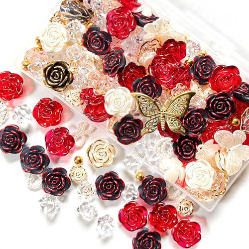 TANOKOX デコパーツ ミックス レジン ホイップデコ トレカデコ パーツ 推し活 硬質ケース トレカケース ハンドメイド 薔薇 花 （レッド×ブラック）