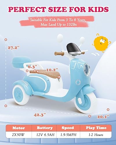 Miniatura 6 de Motocicleta de 12 V, scooter eléctrico de 2 plazas para niños con caja de almacenamiento, música, luz LED, bocina, motor de 2 x 50 W, tiempo de