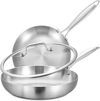 LOLYKITCH 8-12 Inch Tri-ply Stainless Steel Frying Pans Set with a Lid,Skillets,Induction Cooking Pans,Dishwasher and Oven Safe, Detachable Handle