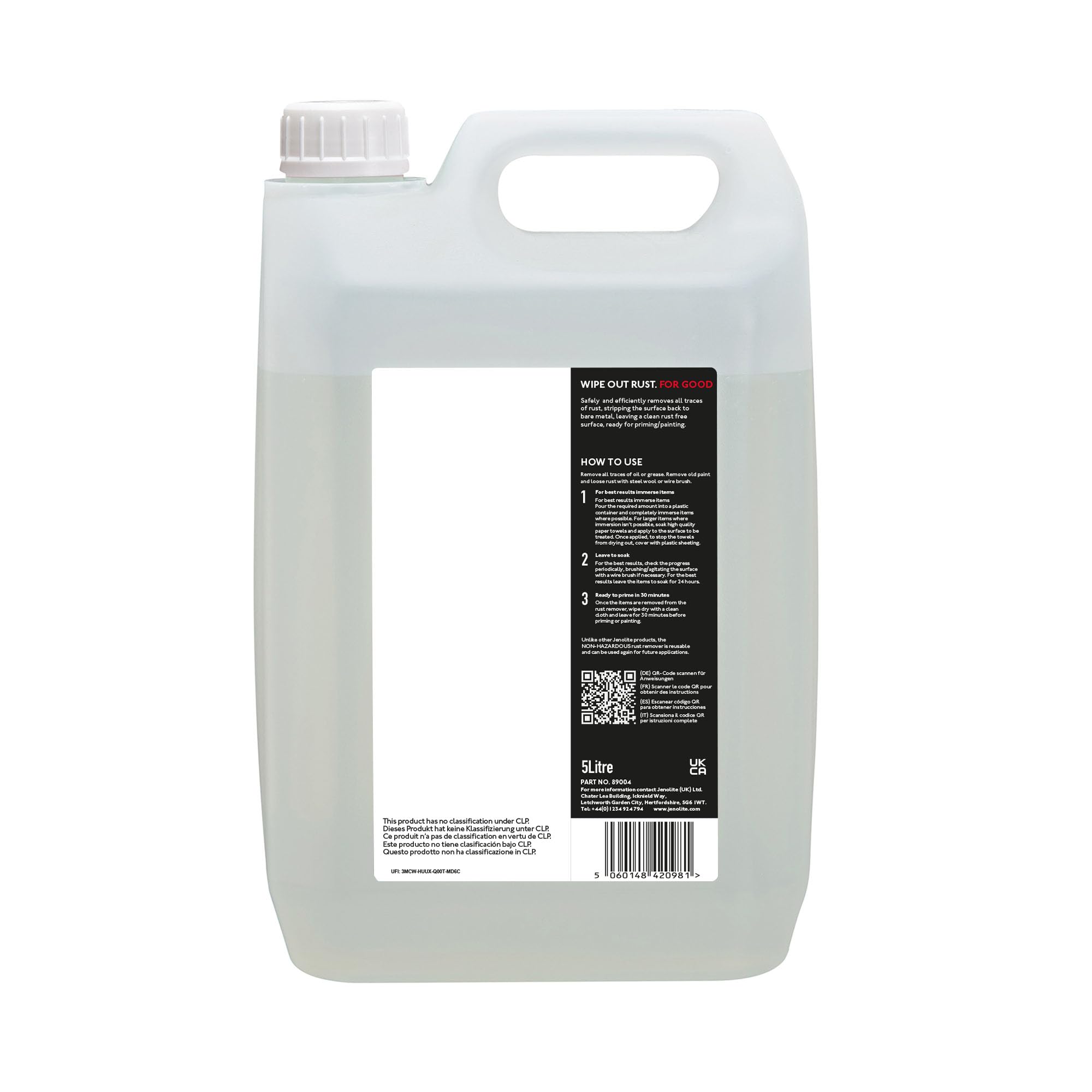 JENOLITE Rimozione della ruggine Non pericoloso | rispettoso dell'ambiente | Antiruggine a base acqua per ferro, acciaio, cromo, rame, ottone | Ideale per serbatoi di carburante arrugginiti | 5 litri