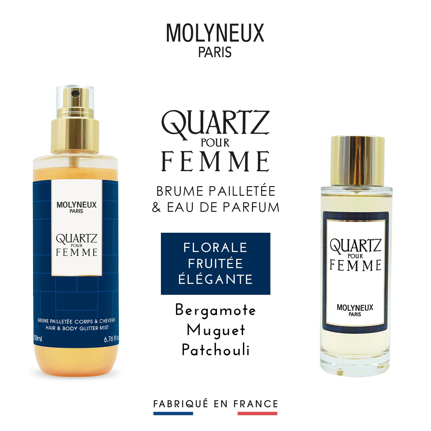 MOLYNEUX – Quartz Femme - Eau de parfum 100ml et brume pailletée 200ml, parfum femme floral fruité et brume corporelle scintillante, coffret cadeau femme