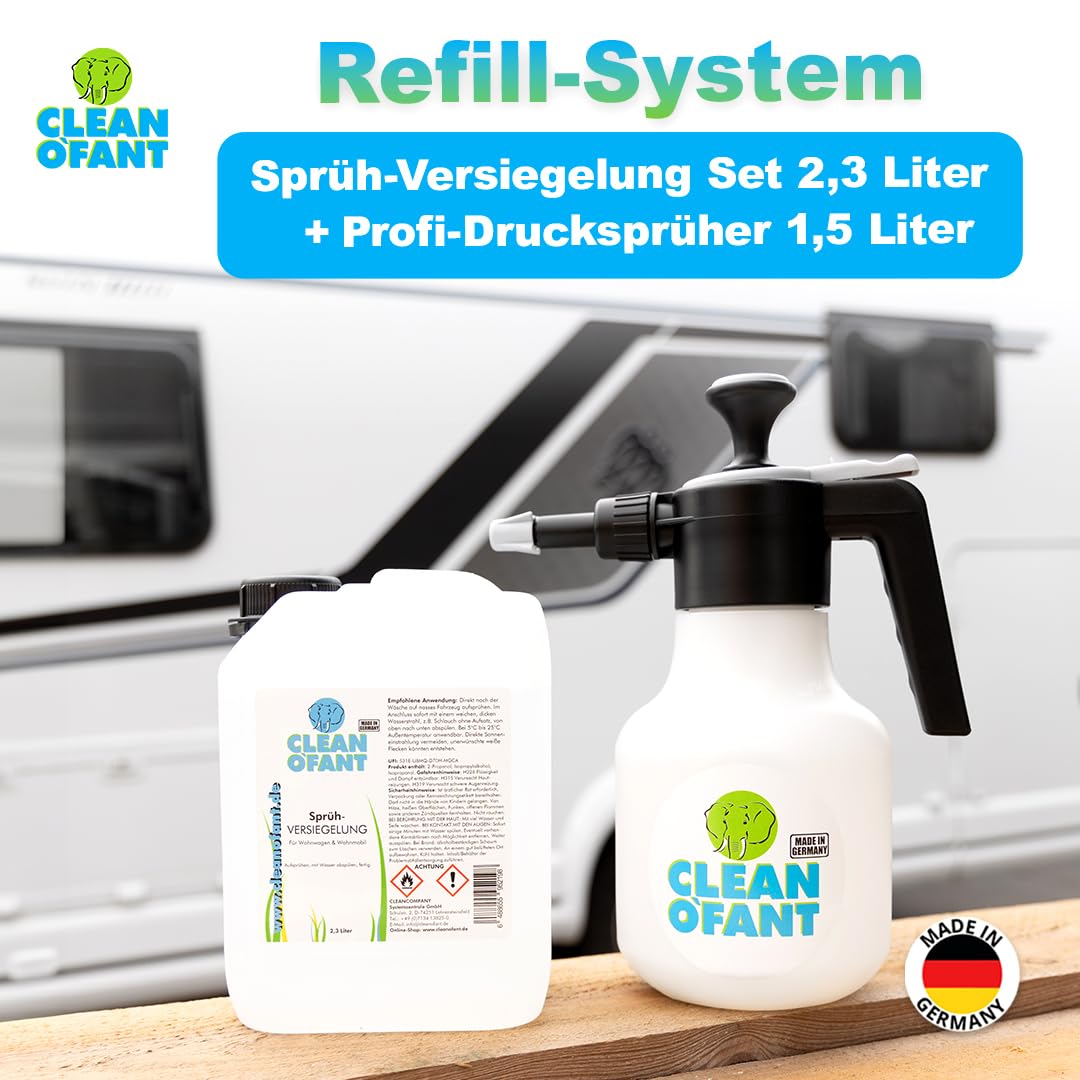 CLEANOFANT Sprüh-VERSIEGELUNG Set | 2,3 Liter + Profi-Drucksprüher | Für Wohnwagen & Wohnmobil - Zum Versiegeln von Lack Gelcoat GFK Strukturblech Acrylglas Folie Dach - Ideal für große Flächen