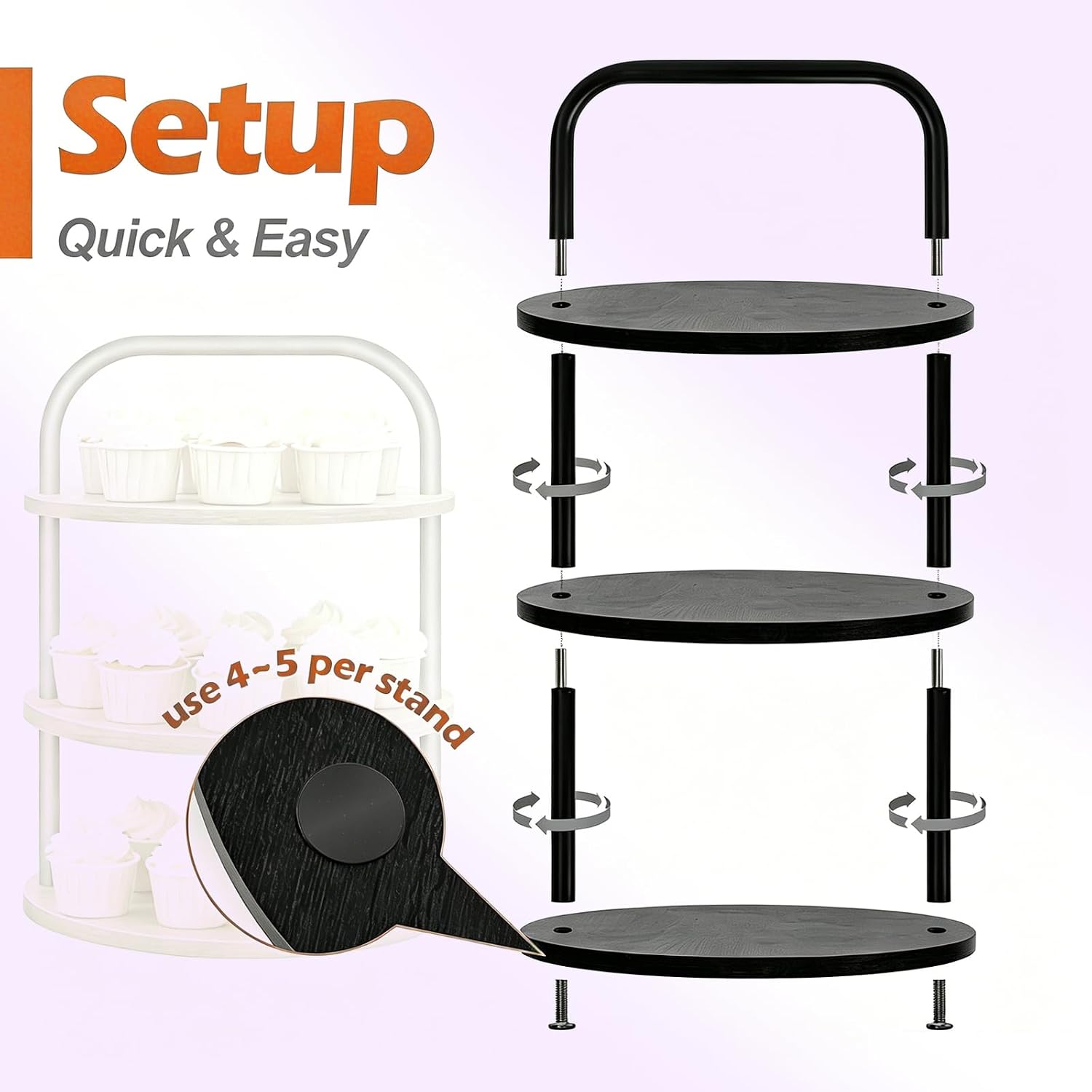 2PCS Cupcake Stand for 100 Cupcakes - 3-Tier Large Round Wooden Serving Tower, Desert Holder for Wedding, Party, Anniversary, Halloween, Gothic Style Decor (Black)